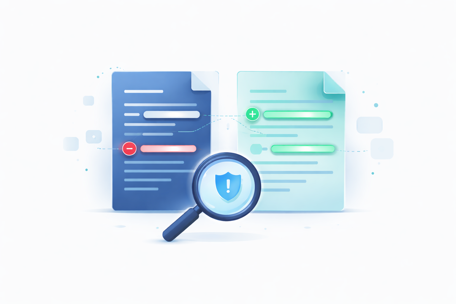 Document comparison with magnifying glass showing changes illustration